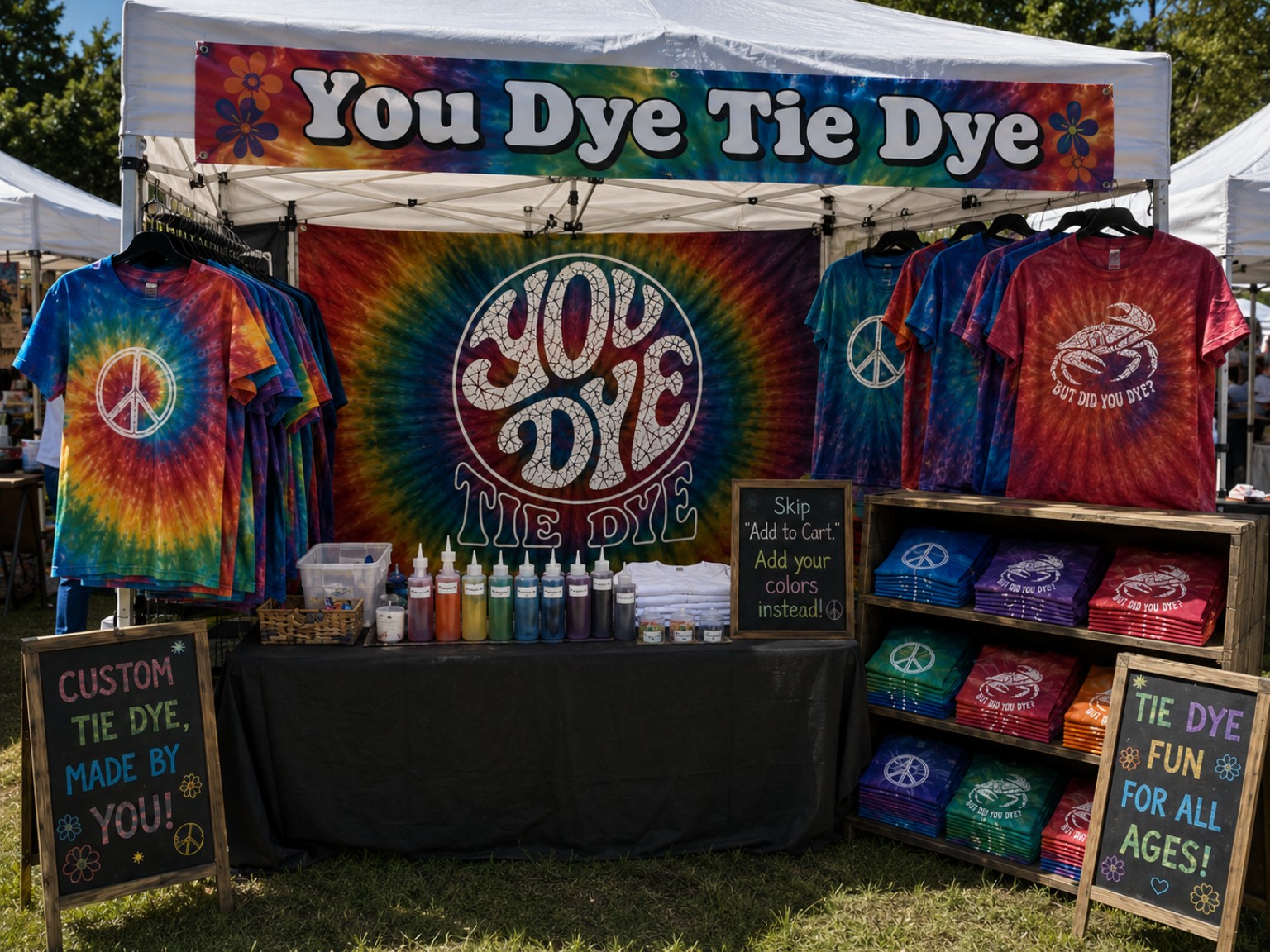 The colorful You Dye Tie Dye festival booth with finished shirts, dyes, and original designs
